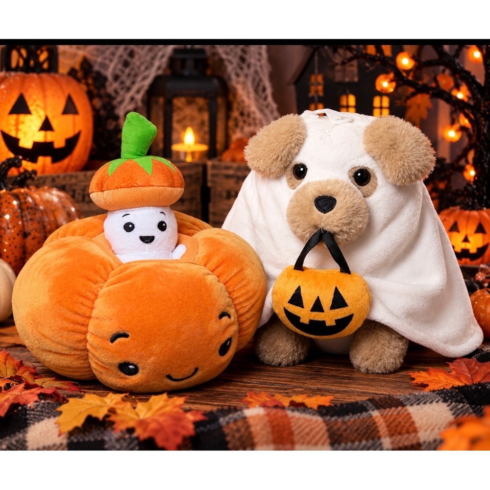 Halloween Plush Set NEW Orange Pumpkin PEEK A BOO Ghost & Ghost Dog